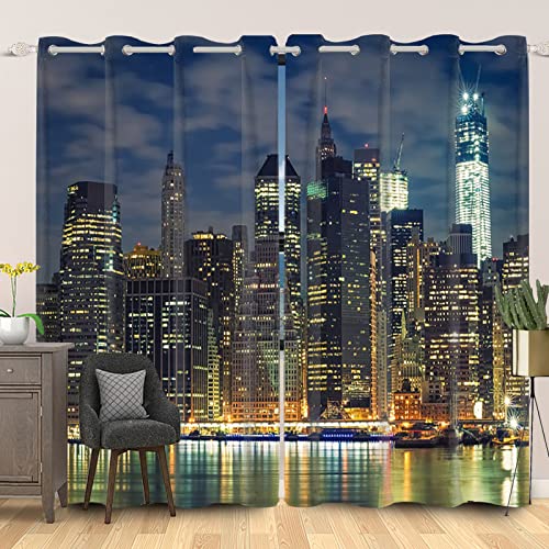 SDOTPMT 107x160cm New York Ligne d'Horizon Rideaux Opaques Urbain Grattes-ciels Métropole de Nuit pour Salon et Chambre, 2 Panneaux