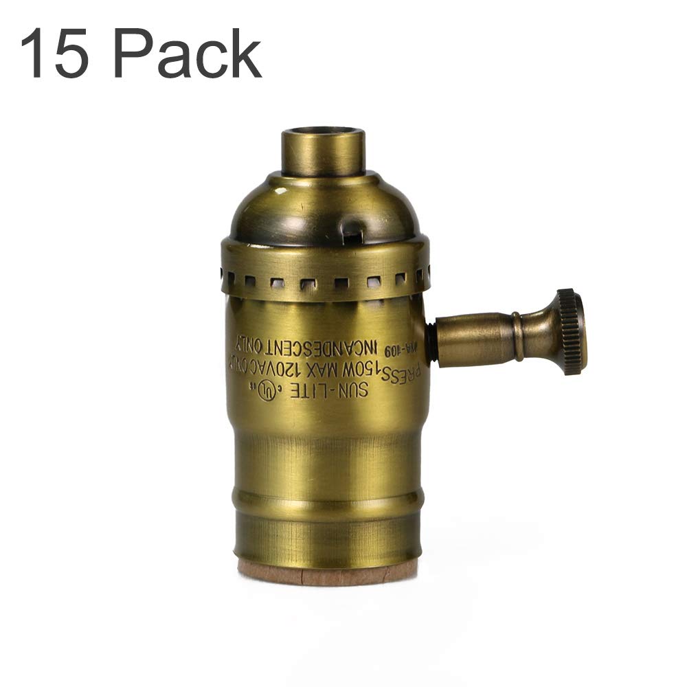 Antique Full Range Dimmer Socket Incandescent Lamp Holder Vintage Edison Pendant Light Socket E26 150 Watt 120 Volt (Brass-15Pack)