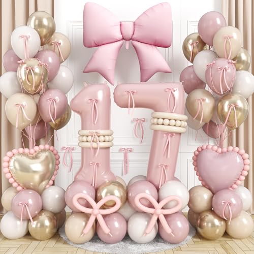40 Inch Dusty Pink 17 Number Balloon for Girls 17th Birthday Decorations Blush Light Pink Gold Beige Latex Balloons Bow Heart Foil Balloon for Boho 17 Year Old Birthday Anniversary Party Decorations