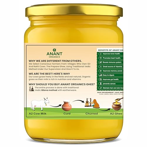 Image of Anant Organics A2 Desi Cow Ghee | Vedic Bilona Method 100% Pure & Natural Ghee Glass Bottle 500ml