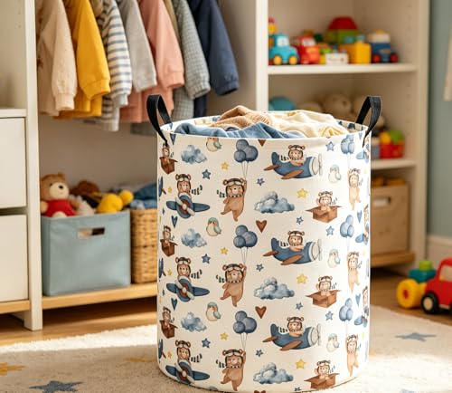 Image of Baby Laundry Hamper Basket Baby Hamper for Nursery Boy and Girl Cute Storage Bin Organizer Boho Room Decor(Bear Pilot)