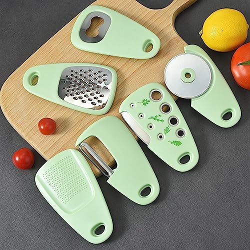 Image of YANCI Kitchen Gadgets Set of 6 Pcs, Space Saving Cooking Tools Accessories Cheese Grater, Bottle Opener, Fruit /Vegetable Peeler, Pizza Cutter, Garlic /Ginger Grinder, Leaf Herb Stripper (Green)
