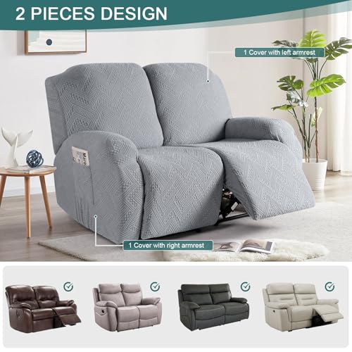 Image of Ruaozz Recliner Sofa Covers Recliner Chair Covers Loveseat Recliner Slipcovers with Pockets Washable Furniture Protector with Elastic Bottom (2 Seater, Light Grey)