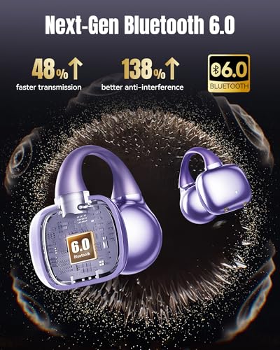 Image of King Lucky Next-gen Clip on Earbuds Open Ear Wireless Bluetooth 6.0 Headphones with Mic,Digital Display,50H Play,ENC,IPX5 Waterproof,Sports Ear Buds,Comfortable for Small Ears&Fitness,Running (Purple)