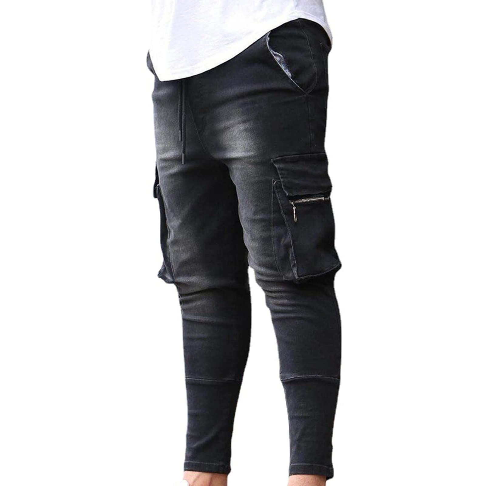 Maiyifu-GJ Men's Ripped Multi Pockets Jeans Slim Fit Skinny Stretch Jean Pant Washed Distressed Biker Denim Pencil Pants (Black 2,Small)