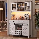 IDEALHOUSE 72" Sliding Barn Door High Bar Cabinet Farmhouse, Large Kitchen Buffet with Hutch Wine Storage, Charging Station, 2 Drawers, 8 Storage Shelves, LED Rustic Coffee Bar for Dining, White