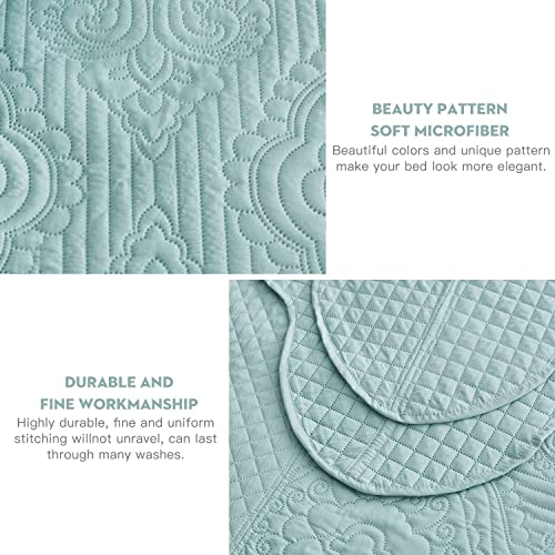 Image of HZ & HY Oversized King Bedspread, Embossed Damask Quilt Set King /Cal King, Lightweight Reversible Coverlet, Scalloped Edge - Serene Classic Look, 5 Piece, Seaglass