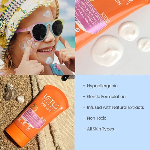 Image of Lotus Herbals Safe Sun Kids Sunscreen Cream for Sensitive Skin | SPF 25 | Non Greasy | Sweat & Waterproof | 50g