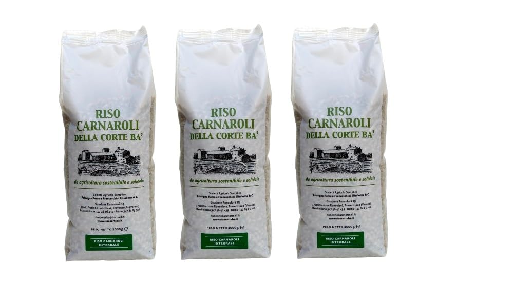 Arroz italiano integral Carnaroli, naturalmente sin gluten, rico en fibra, envasado en atmósfera protectora, paquete de 3 x 1 kg