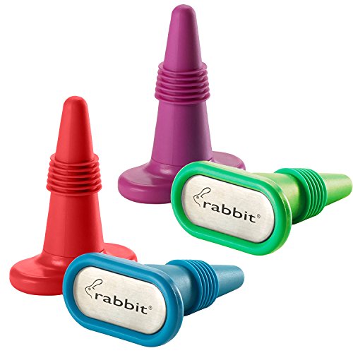 Rabbit Wine and Beverage Bottle Stoppers with Grip Top (Assorted Colors, Set of 4)