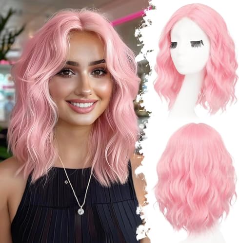 Image of Eawwii Light Pink Short Wavy Wig for Women Lace Hairline Bob Style Synthetic Heat Resistant - Natural Appearance for Everyday Hairstyle 14 Inch