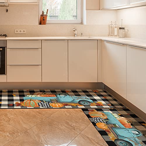 Xsinufn Fall Truck Decorative Kitchen Mat Set Of 2 Piece Watercolor Buffalo Plaid Rug, Seasonal Autumn Thanksgiving Harvest Holiday Vintage Low-Profile Floor Rug 17"X47"+17"X30" #TOP4