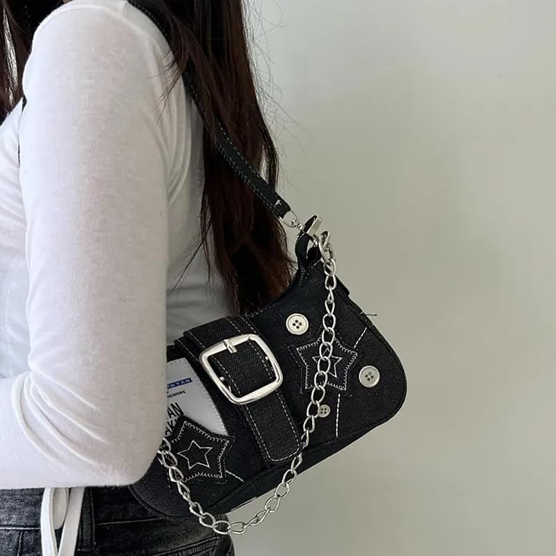 Denim Purses for Women Grunge Y2k Purse Y2k Bag Black Y2k Accessories Goth Punk Shoulder Bag Denim Tote Bag Casual Retro Crossbody Lightweight Shoulder Bag Canvas Handbags3