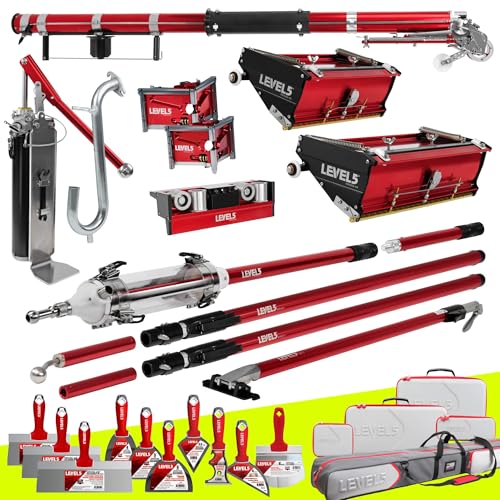 Full Drywall Taping and Finishing Set - LEVEL5 | Automatic Taper 10/12 Flat Boxes 3/3.5 Angle Heads MiniShot Corner Roller Extendable Handles Pump Gooseneck | 4-681