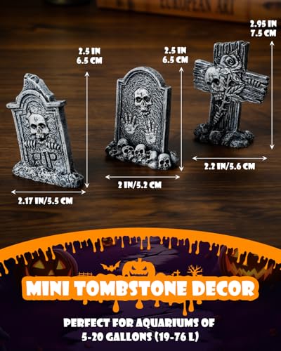 Image of Uniclife 3 Pcs Halloween Miniature Tombstones Decorations, Halloween Fish Tank Decor, Resin Mini Tombstones Figurines, RIP Cross Skull Graveyard Gravestones, Small Spooky Town Village Accessories