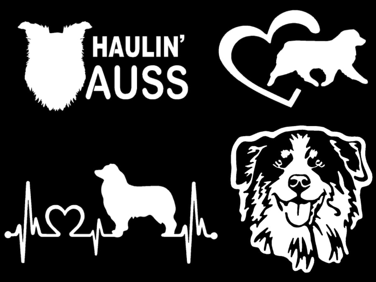 Australian Shepherd Decal 4 Pack: Haulin' Auss, Aussie Heartbeat, Australian Shepherd Heart, Detailed Aussie Face Decals (Small ~3.5", White)