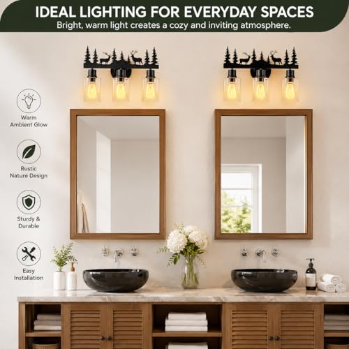 Image of Rustic Bathroom Light Fixtures, 3-Light Farmhouse Vanity Lamp with Deer Design and Clear Glass Shade, Black Wall Lighting for Bathroom, Hallway, Kitchen, Porch