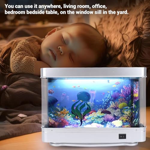 Fake Fish Tank Mini Aquarium, Fake Fish Tank Motion Lamp with Moving and Fish, LED White Light USB Plug in Aquarium Lamp Virtual Ocean Toy for Desktop Bedroom