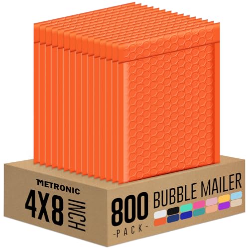 Image of Metronic Bubble Mailers 4x8 Inch 800 Pack Orange Bubble Envelopes | Usable Size 4x7 inch Waterproof Padded Mailing Envelopes for Shipping Jewelry Makeups