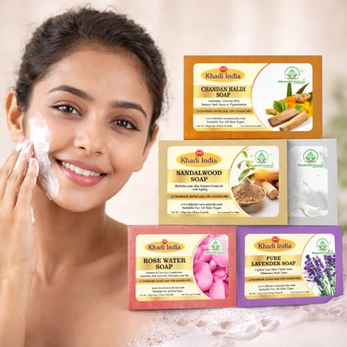Image of Khadi Organic and Natural Handmade Bathing Soap for Men & Women By Bhudevam Naturals | Assorted Herbal & Chemical-Free Face and Body Soap for Gentle Cleansing & Healthy Skin (Mixed Bar Soap (Pack of 5))