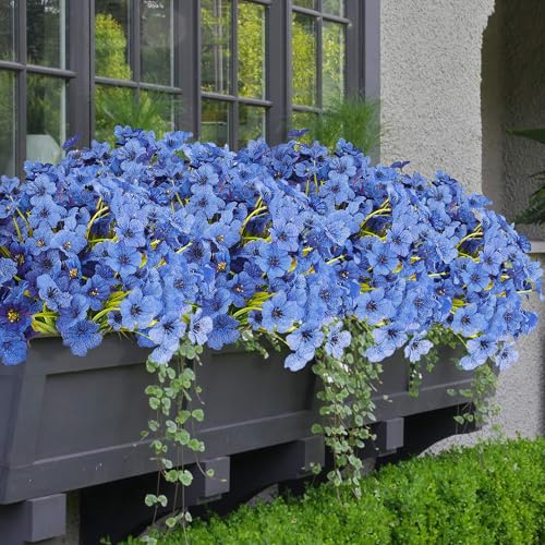 AWARDSEN 16 Bundles Blue Summer Flowers Artificial Outdoor UV Resistant Fake Flowers Summer Outdoor Porch Decor Outside Artificial Plants for Window Box