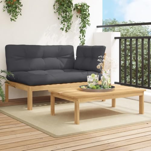 Image of 2-Piece Acacia Wood Outdoor Sectional, Anthracite, Modular Patio Sofa 9.3 inchx15.5 inchx4.6 inch, Weather-Resistant Cushions