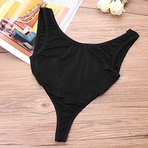 Oyolan Womens One Piece Semi See-Through Sleeveless Bodysuit Swimsuit Backless High Cut Thong Leotard Black One Size #TOP3