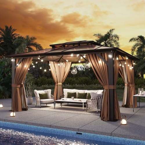 Image of Aoxun 12'x10' Hardtop Gazebo, Metal Frame Permanent Pavilion with Curtains and Netting, Outdoor Polycarbonate Double Roof Canopy, Designed for Garden, Lawns, Patio, Brown