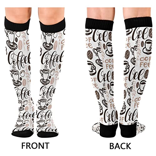 Wusikd Coffee Cup Compression Socks for Women and Men Circulation White Long Socks for Athletic Running 12