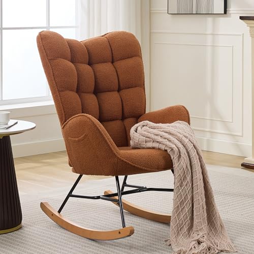 Image of Wpond Rocking Chair Nursery, Teddy Upholstered Glider Rocker Armchair with High Backrest and Pocket, Reading Chair for Living Room, Bedroom, Offices,Brown