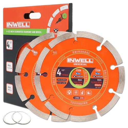 INWELL 4-1/2 Inch Segmented Diamond Saw Blades 2-Pack, Diamond Cutting Wheel for Angle Grinder, Tile Cutter Blades, for Cutting Stone Marble Granite Concrete Brick, 7/8’’-20mm Arbor