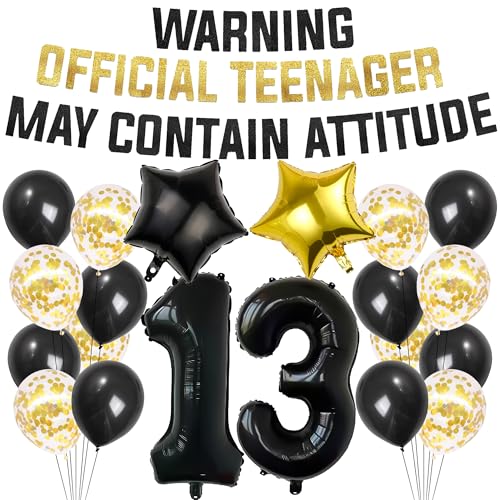 13th Birthday Party Decorations Balloons - 21Pcs Warning Official Teenager May Contain Attitude Banner Number 13 Foil Balloon For Boys and Girls 13 Years Old Anniversary Decor Supplies