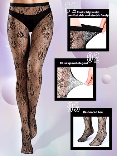 Bencailor 6 Pairs Women Fishnet Thigh High Stockings Black Lace Tights Floral Patterned Mesh Pantyhose Leggings for Halloween3