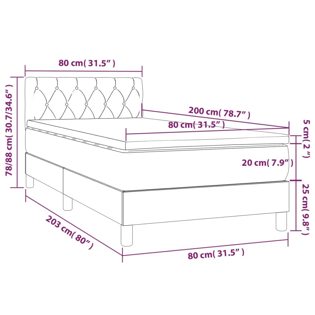 Cama con somier de 80 x 200 cm, color marrón oscuro, con colchón de muelles ensacados LED, cabecero regulable en altura, para jóvenes/invitados/dormitorio pequeño