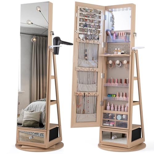 Giantex 360° Swivel Jewelry Cabinet w/Full-Length Mirror, Lockable Jewelry Armoire w/Hair Dryer Rack & Rear Shelves, Freestanding Jewelry Organizer w/LED Lights & Vanity Mirror (Natural)