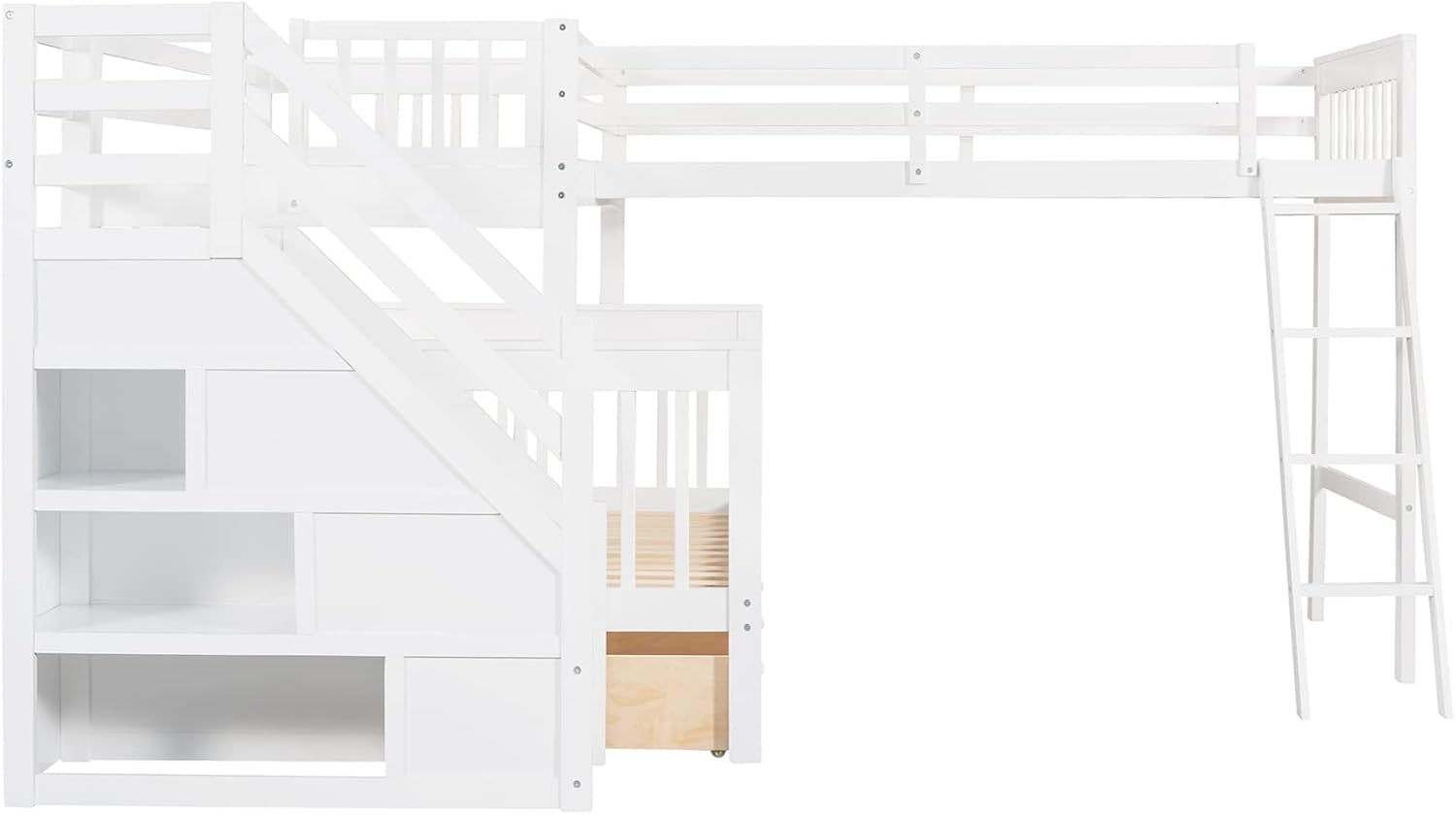 Bellemave L-Shape Triple Bunk Beds with Stairs and Storage Drawers Twin Over Full Bed Attached a Loft Wood Corner Bunked for 3 Kids Boys Girls Teens, White, White Stairs,