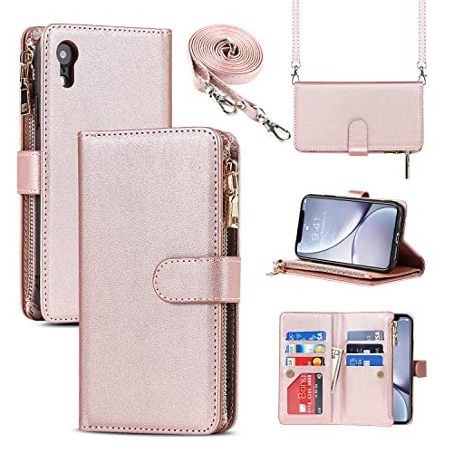 Cavor Cover Compatibile con iPhone XR con Cordino,Flip Portafoglio Custodia in Pelle,[9 Porta Carte][Magnetico],Custodia Libro Cover con Laccio Compatibile con iPhone XR - Oro Rosa
