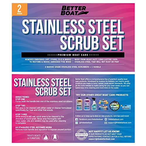 Stainless Steel Scrubber Set Steel Wool Scrubber Marine Grade Scouring Pads & Brush Handle, Heavy Duty Cleaning Supplies, Kitchen Cleaner, Dishes, Teak Wood Outdoor Furniture, Metal Tough Cleaning #TOP6