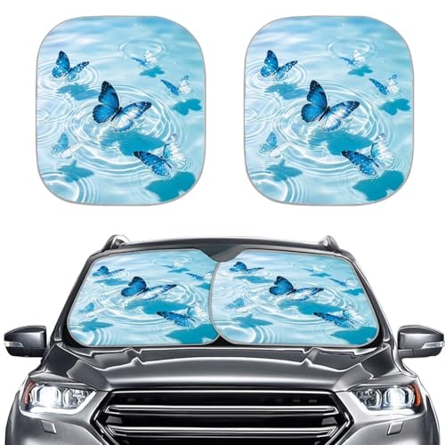 Image of 2 PCS Car Windshield Sun Shade Blue Butterfly Auto Sunshades Sunshade Visor Auto Sun Heat and UV Rays Blocker Foldable Automotive Accessories for Summer Heat UV