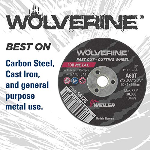 Image of Weiler 56128 2-Inch Cutting Wheel, Wolverine AO Steel /Metal Fast Cut, Value Cutting, 0.035 inch A60T Type 1 3 /8 inch Arbor (Pack of 100)