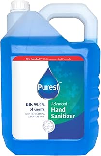 Purest Advanced Blue Liquid Sanitizer Hand Sanitizer 68% Alcohol-Based Kills 99.9% of Germs Without Soap And Water 5 Litre Net 5000 ml Refill Pack Can, (WHO Recommended Formula)
