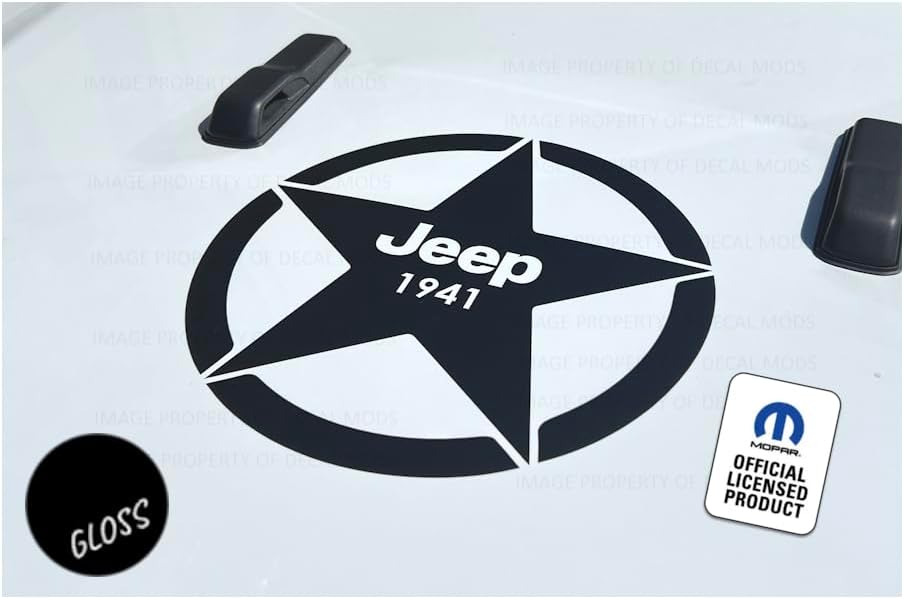12" Jeep 1941 Star Hood Vinyl Decal Graphic Sticker fits Jeep Wrangler (Set of 2) Black Gloss (Set of 2) - CB | SJ9A8
