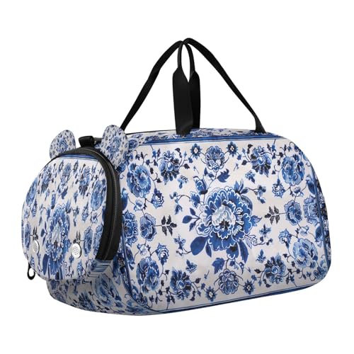 YETTASBIN Sport Travel Duffel Bag for Girls Boys, Blue Flower Texture Large Waterproof Weekender Overnight Bag, Detachable Shoulder Strap Gym Bag with Shoe Compartment & Wet Pocket