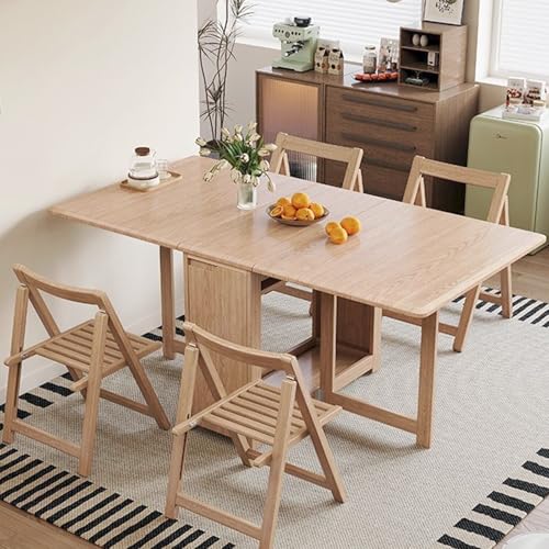Juego de mesa de comedor extensible de madera maciza, mesa de cocina plegable con almacenamiento para 26 personas, tamaño ajustable, incluye 4 sillas de 140 cm