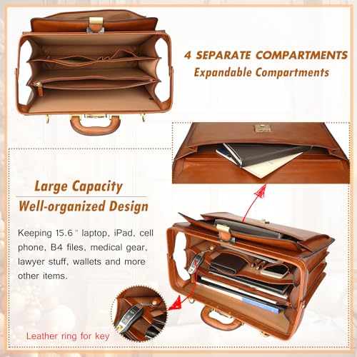 Banuce Vintage Leather Briefcase for Men 15.6 Inch Laptop Legal Lawyer Bag Office Work Business Travel with Lock and Detachable Shoulder Strap Brown