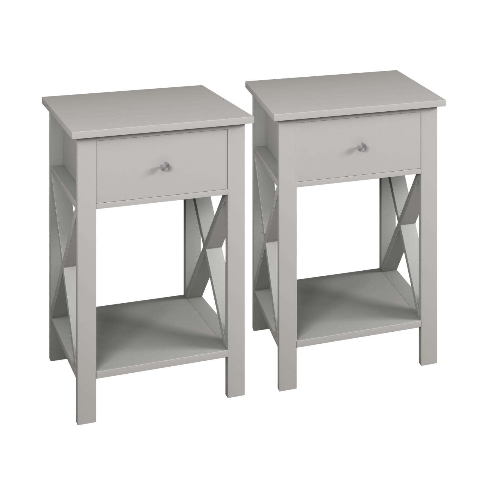 URBNLIVING 1 Drawer Wooden Bedside Table, Modern X-Frame Nightstand with Open Storage Shelf, Durable Compact Side End Table for Bedroom Living Room Home Office - (Grey - 2 Pack) โ image 1