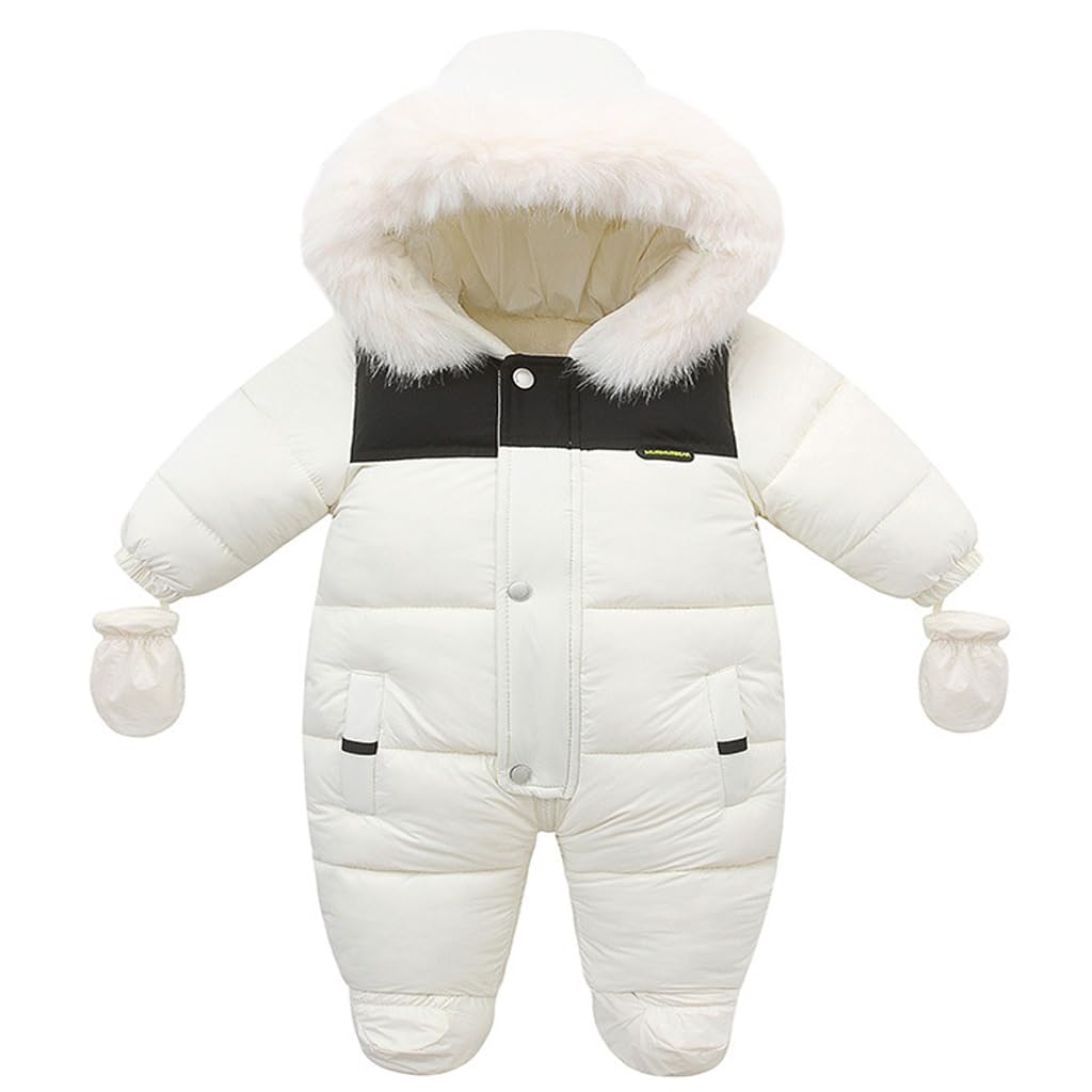 BRONG Bebé Invierno Mono de Nieve Vellón Pelele con Capucha Mameluco ExtraíBle Cuello de Piel Ropa Exterior Cortaviento Conjuntos con Guantes