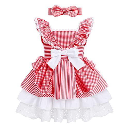 Baby Girl Gingham Dress Lace Flower Girls Plaid Dress Red And White Plaid Dress Sweet Princess Bowknot Tutu With Headband Baby Plaid Pageant Outfit Red Plaid 12-18 Months #TOP1