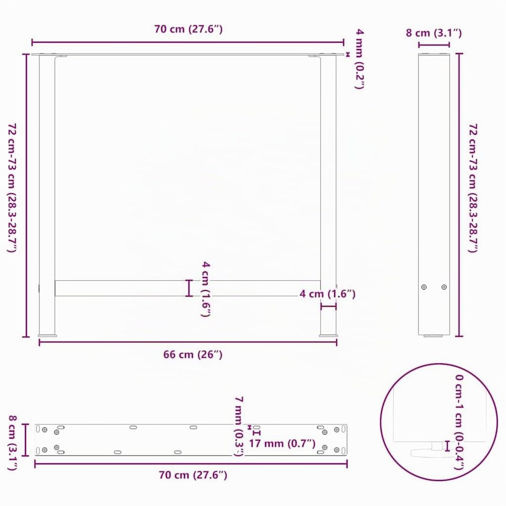 vidaXL Gambe per tavolo da pranzo nere 2 pz 70x(72-73) cm in acciaio