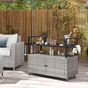 Tangkula Outdoor Bar Cart, Patiojoy Rolling Wicker Buffet Serving Cart with Tempered Glass Top, Storage Cabinet & 8 Hooks, Kitchen Island Cart on Wheels for Porch Backyard Garden Poolside (Mix Grey) Tangkula Outdoor Bar Cart Patiojoy Rolling Wicker Buffet Serving Cart with Tempered Glass Top Storage Cabinet 8 Hooks Kitchen Island Cart on Wheels for Porch Backyard Garden Poolside Mix Grey